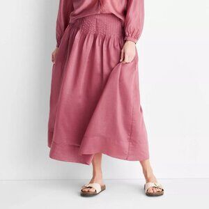 NWT Future Collective Women's 16 Berry Red Drop Waist Pleated Sheer Midi Skirt